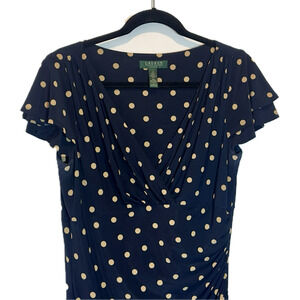 RALPH LAUREN 12 Navy Polka Dot Faux Wrap Side Ruched Dress Size 12